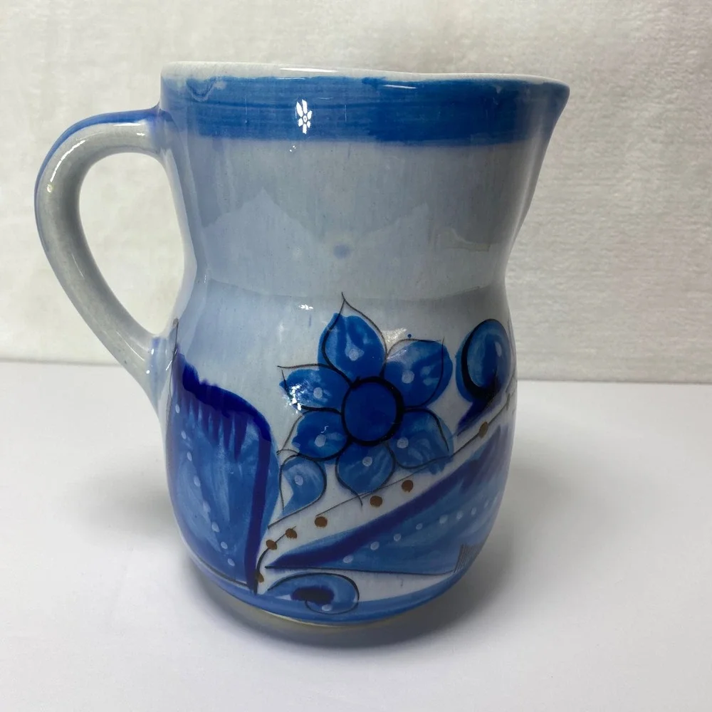 VTG Hand Painted Signed Tonala Mexican Folk Art Ceramic Pitcher Vase Blue Floral